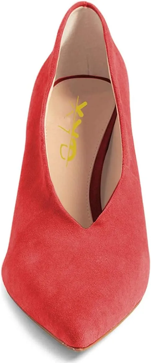 XYD Women's Fashion Suede High Heel Pumps Pointed Toe V Cut Slip On Dress Shoes