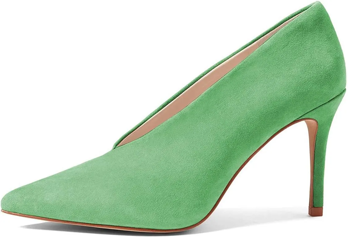 XYD Women's Fashion Suede High Heel Pumps Pointed Toe V Cut Slip On Dress Shoes