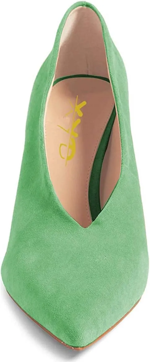 XYD Women's Fashion Suede High Heel Pumps Pointed Toe V Cut Slip On Dress Shoes
