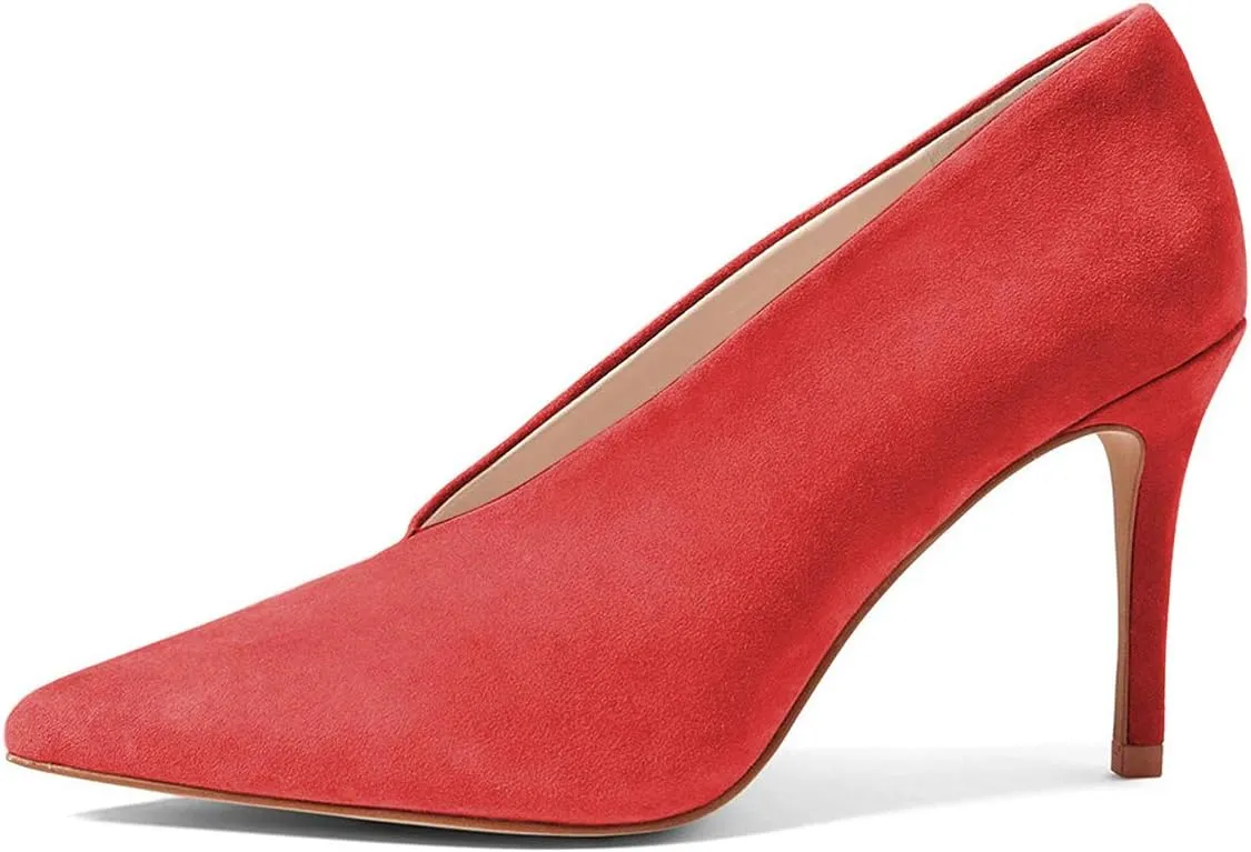 XYD Women's Fashion Suede High Heel Pumps Pointed Toe V Cut Slip On Dress Shoes