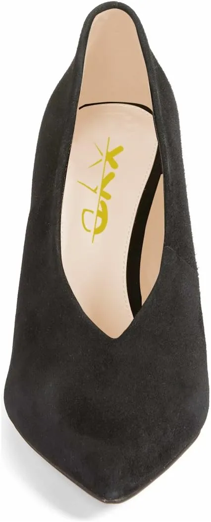 XYD Women's Fashion Suede High Heel Pumps Pointed Toe V Cut Slip On Dress Shoes