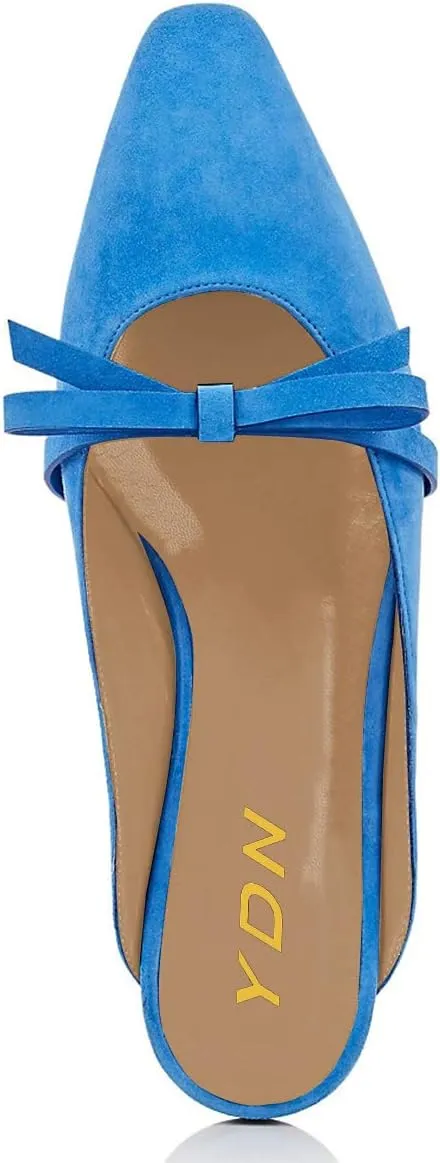 YDN Women's Comfortable Pointed Toe Flats Mules Backless Slide Sandals Classic Slip on Pumps Bowknots Suede Beach Daily Shoes