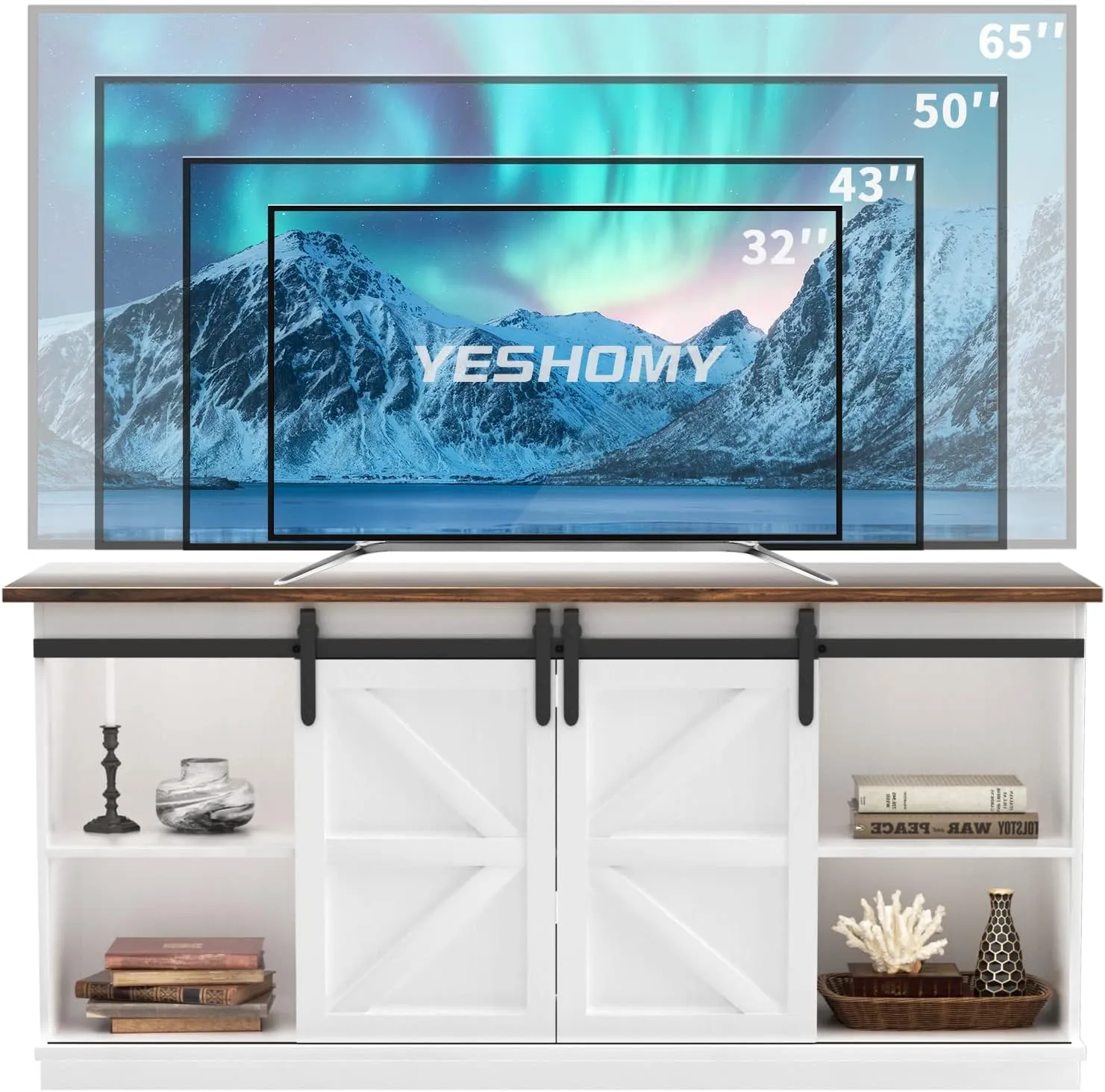 YESHOMY Farmhouse TV Stand and Entertainment Center for Televisions up to 65 Inchs, with Sliding Barn Doors and Storage Cabinets, Console Table and Media Furniture for Living Room, 58 Inch, Milk White