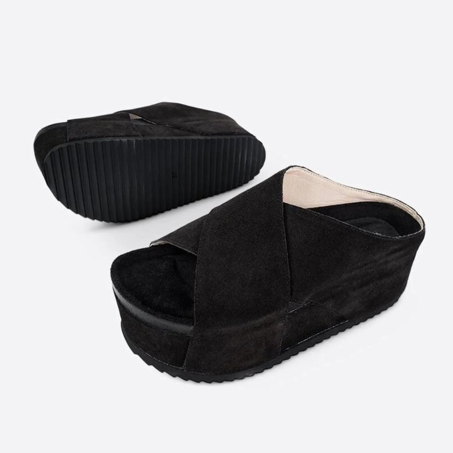 Yishaweiqi Women's Suede Platform Sandals Comfortable Cork Footbed Flatform Sandals Criss Cross Straps Flat Clogs Slide Sandals