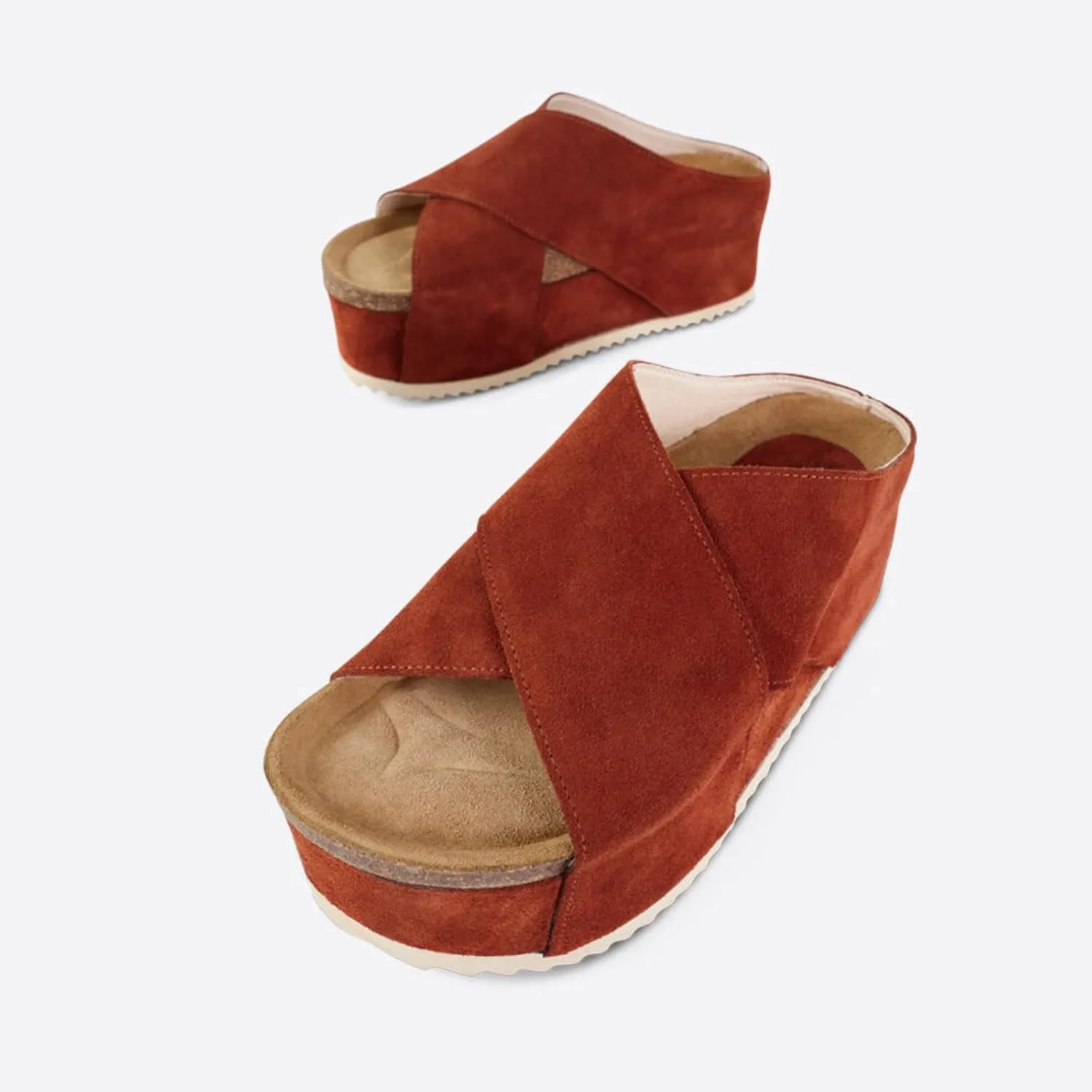 Yishaweiqi Women's Suede Platform Sandals Comfortable Cork Footbed Flatform Sandals Criss Cross Straps Flat Clogs Slide Sandals
