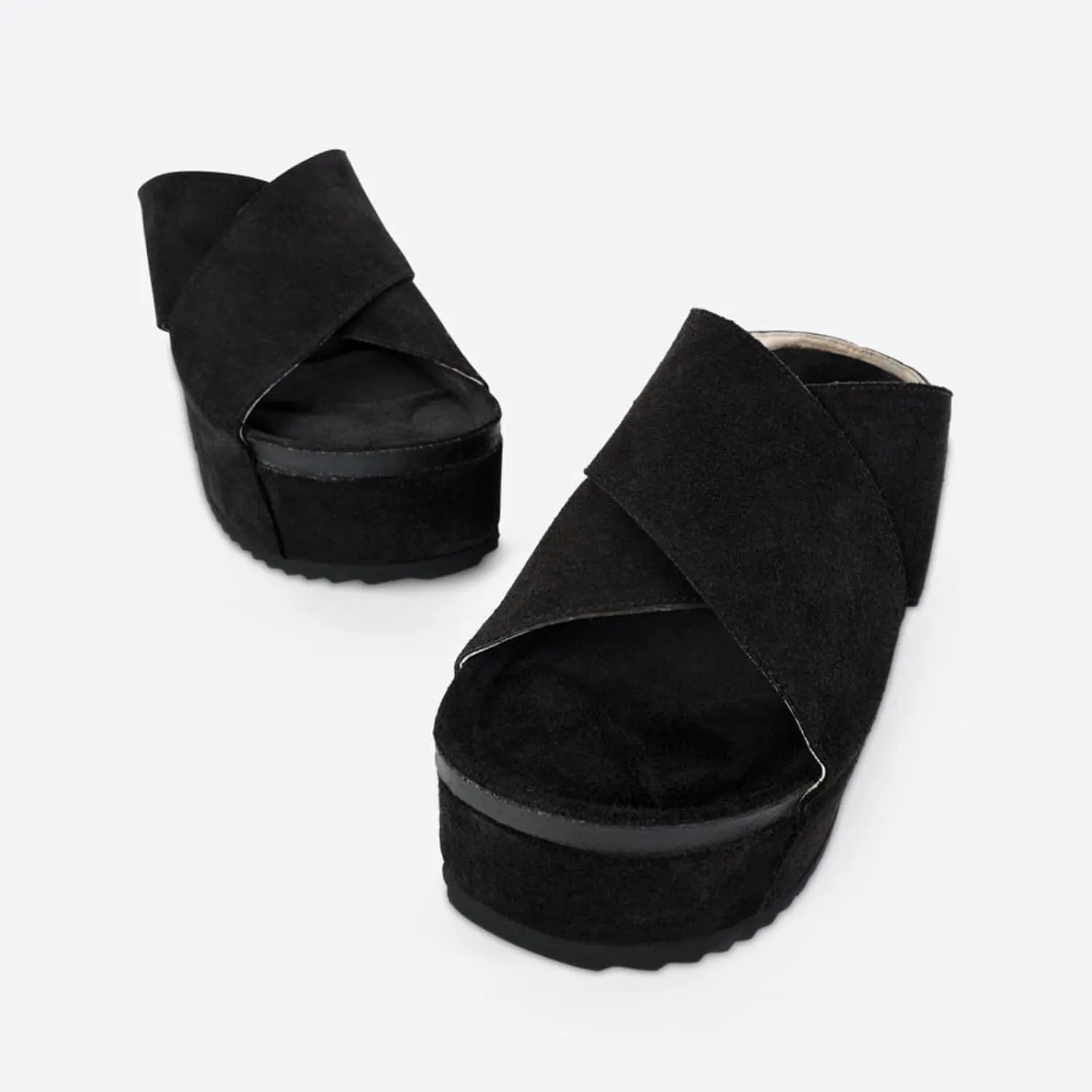 Yishaweiqi Women's Suede Platform Sandals Comfortable Cork Footbed Flatform Sandals Criss Cross Straps Flat Clogs Slide Sandals