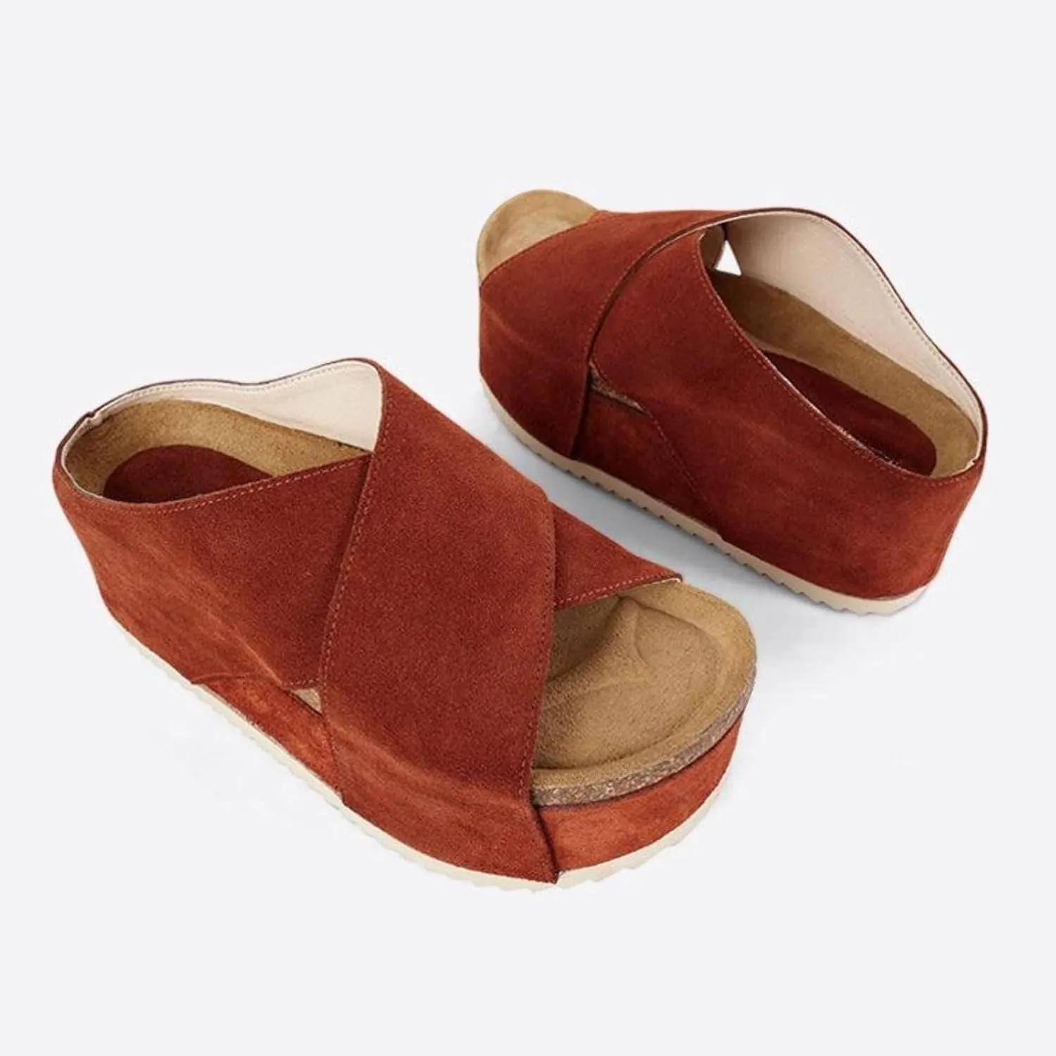Yishaweiqi Women's Suede Platform Sandals Comfortable Cork Footbed Flatform Sandals Criss Cross Straps Flat Clogs Slide Sandals