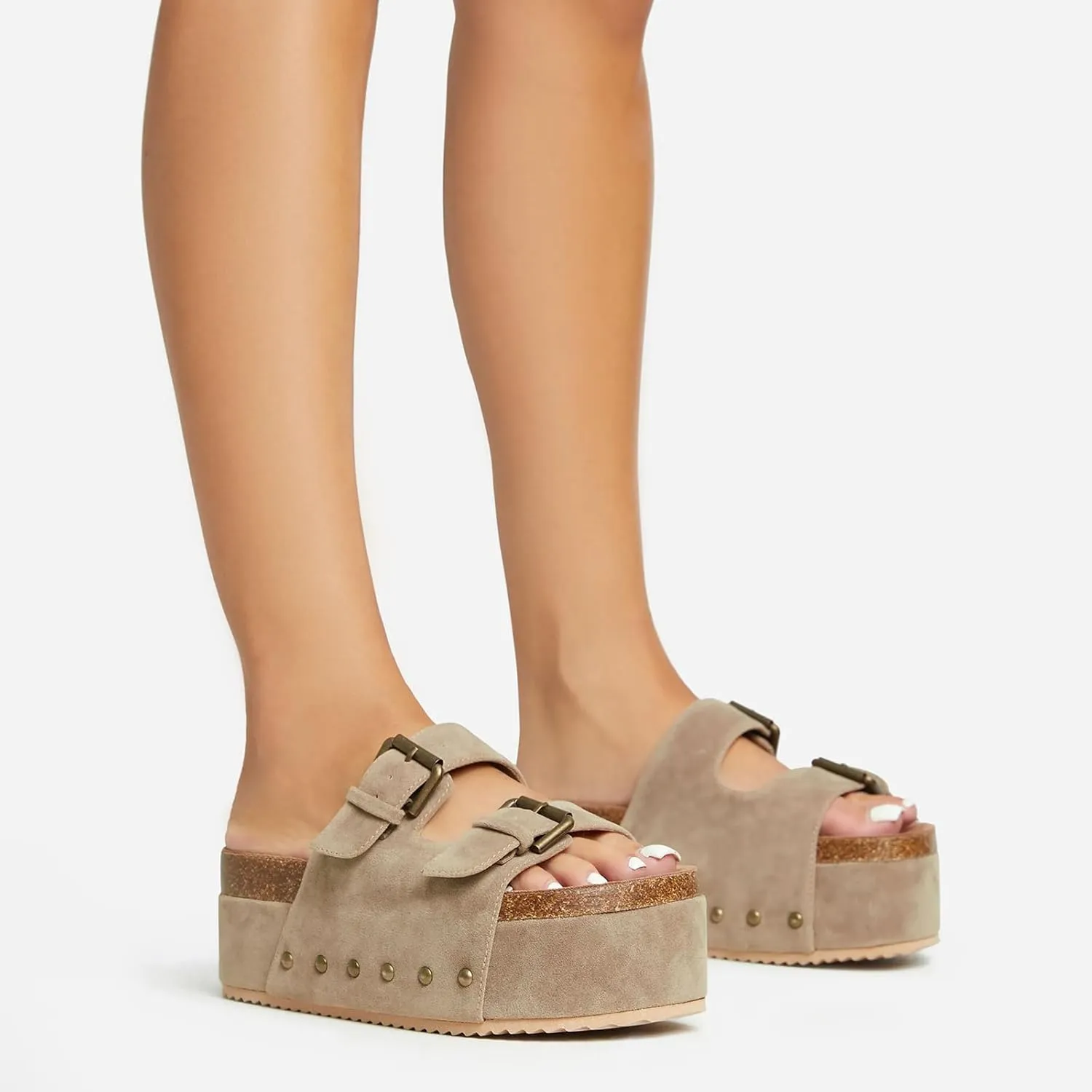 Yishaweiqi Women's Suede Platform Sandals Comfortable Cork Footbed Studded Flatform Sandals Adjustable Buckle Straps Flat Clogs Slide Sandals
