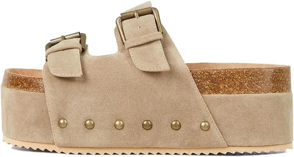 Yishaweiqi Women's Suede Platform Sandals Comfortable Cork Footbed Studded Flatform Sandals Adjustable Buckle Straps Flat Clogs Slide Sandals