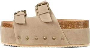 Yishaweiqi Women's Suede Platform Sandals Comfortable Cork Footbed Studded Flatform Sandals Adjustable Buckle Straps Flat Clogs Slide Sandals