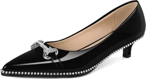 YODEKS Women Low Kitten Heel Pumps Slip On 1.5 Inch Pointed Toe Rhinestones Buckle Shoes Size 5-13