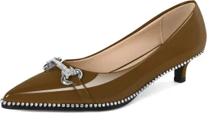 YODEKS Women Low Kitten Heel Pumps Slip On 1.5 Inch Pointed Toe Rhinestones Buckle Shoes Size 5-13