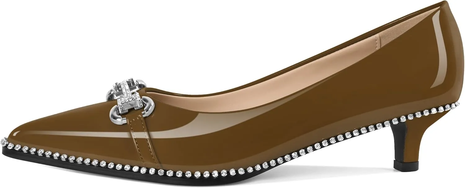 YODEKS Women Low Kitten Heel Pumps Slip On 1.5 Inch Pointed Toe Rhinestones Buckle Shoes Size 5-13