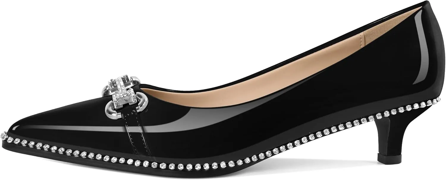 YODEKS Women Low Kitten Heel Pumps Slip On 1.5 Inch Pointed Toe Rhinestones Buckle Shoes Size 5-13