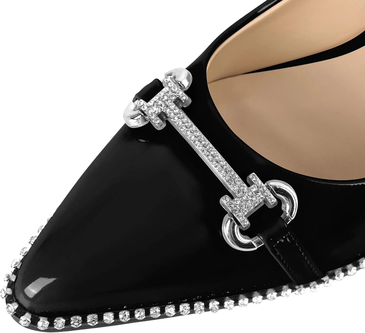 YODEKS Women Low Kitten Heel Pumps Slip On 1.5 Inch Pointed Toe Rhinestones Buckle Shoes Size 5-13
