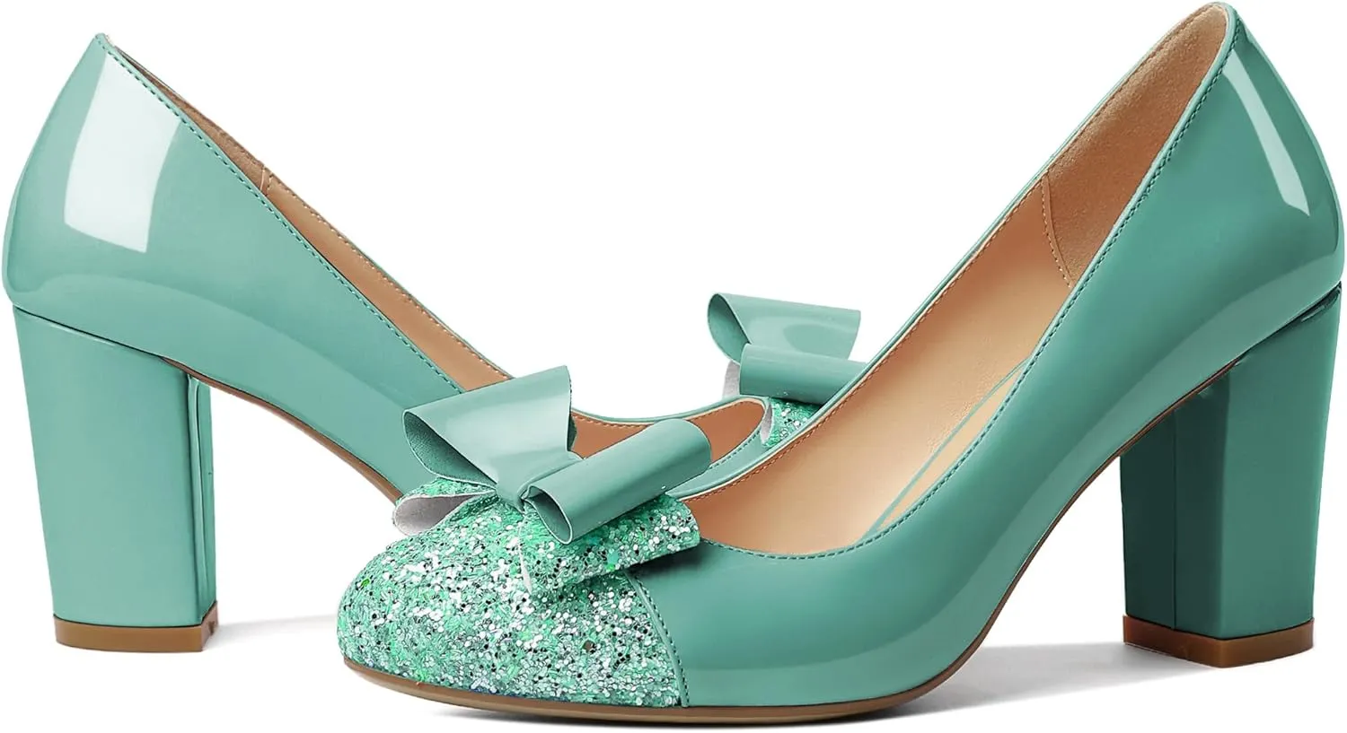 YODEKS Women's Bow Tie Knot Round Toe Pumps Slip On High Heels Cap Toe Chunky Block Heel Shoes Office Party