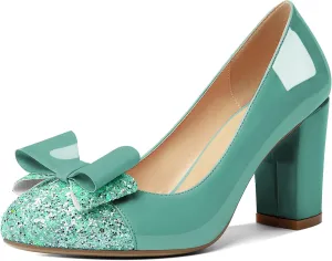 YODEKS Women's Bow Tie Knot Round Toe Pumps Slip On High Heels Cap Toe Chunky Block Heel Shoes Office Party