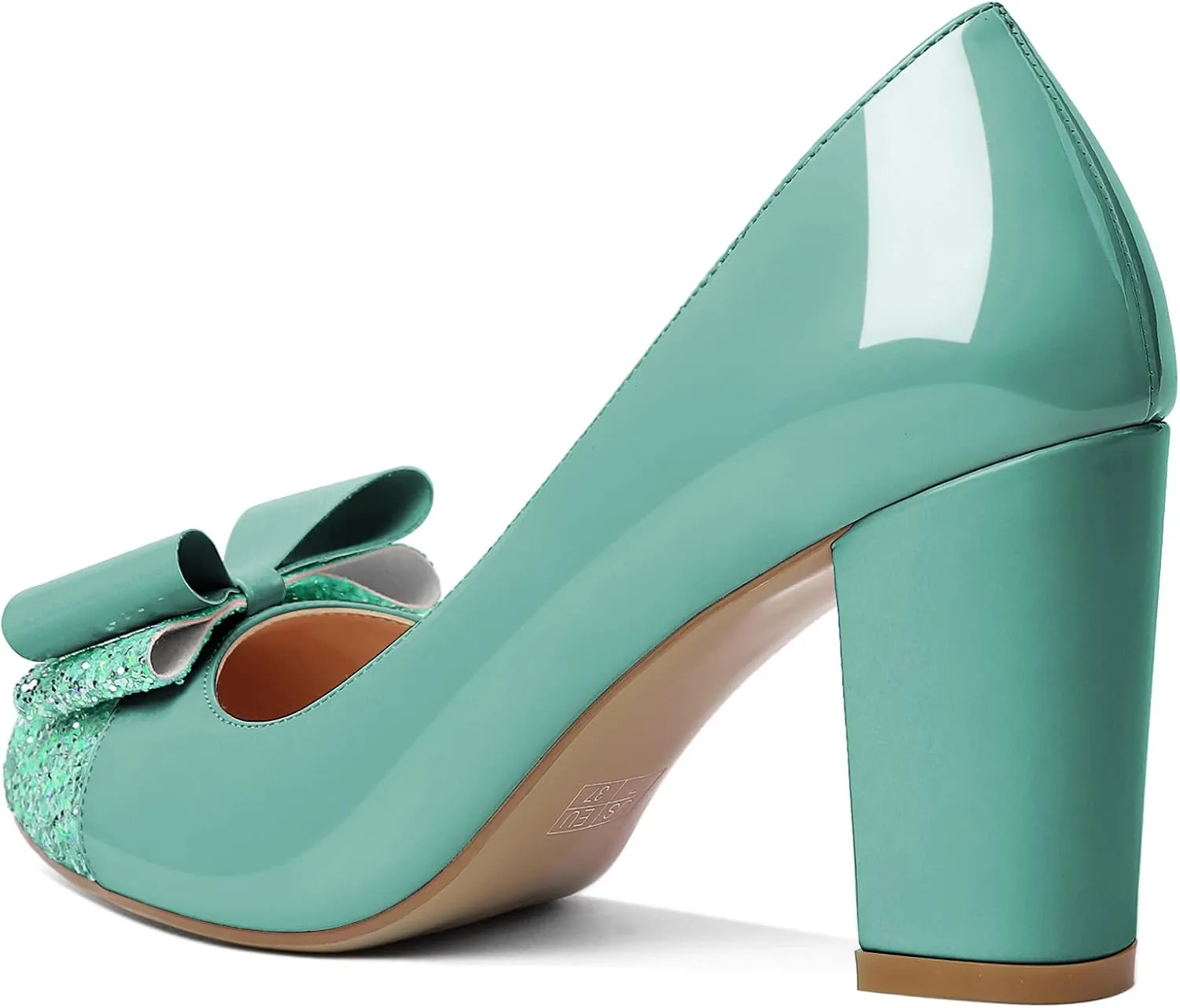 YODEKS Women's Bow Tie Knot Round Toe Pumps Slip On High Heels Cap Toe Chunky Block Heel Shoes Office Party