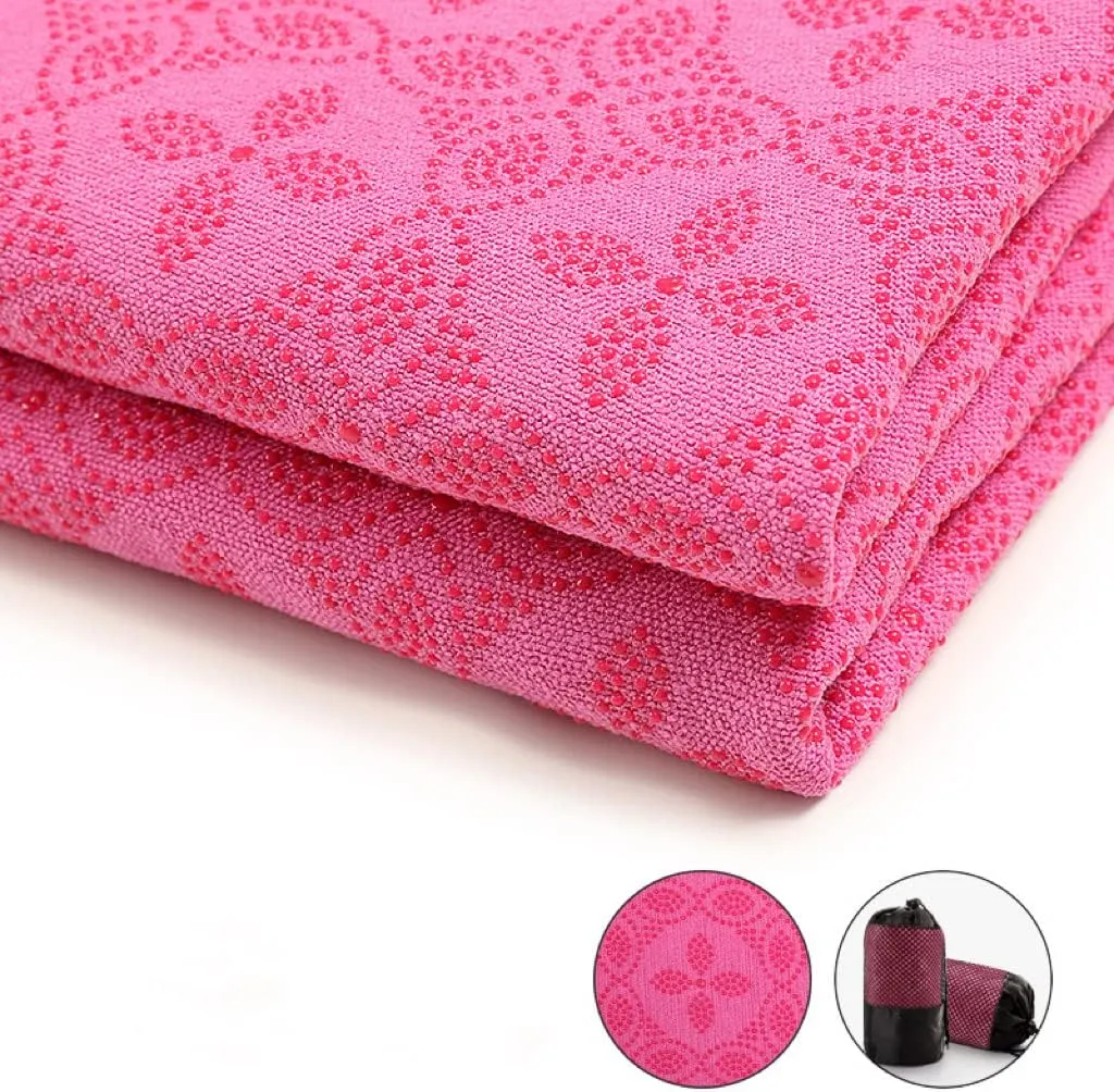 Yoga Towel, Hot Yoga Mat Towel - Sweat Absorbing Non-Slip for Hot Yoga, Pilates and Workout, 24x72 inches with Upgraded Clover-Shaped Grip Dots (Deep Pink)