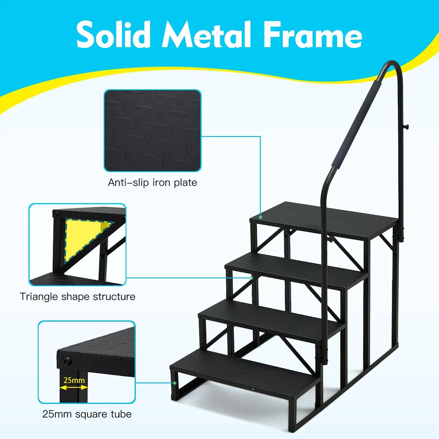 YOLENY 4-Step RV Steps with Handrail, 660 LBS Metal RV Stairs with Armrest Cover, Anti-Slip Hot Tub Steps, Mobile Home Steps for Travel Trailers, Camper, Hot Tub, Pool and Porch