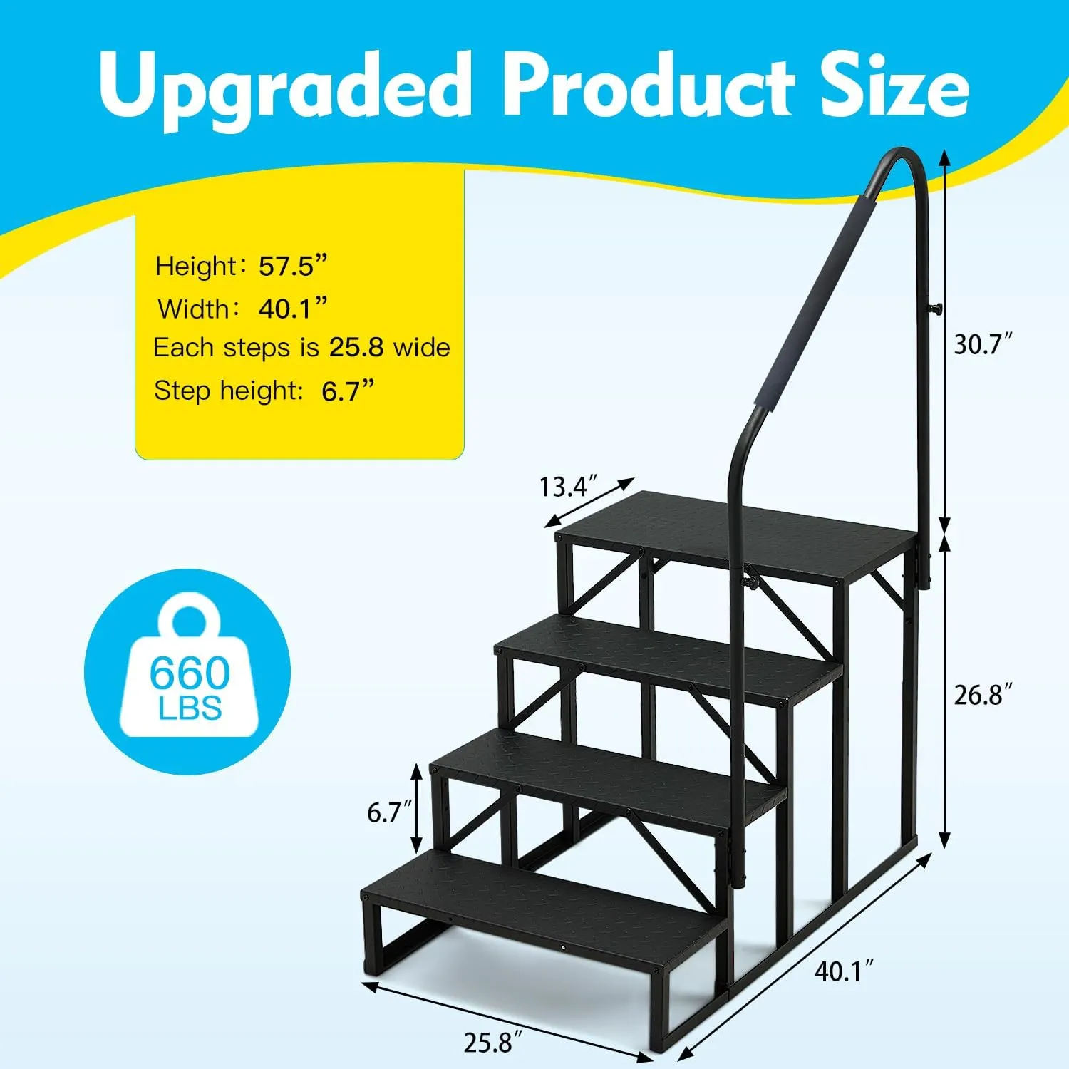 YOLENY 4-Step RV Steps with Handrail, 660 LBS Metal RV Stairs with Armrest Cover, Anti-Slip Hot Tub Steps, Mobile Home Steps for Travel Trailers, Camper, Hot Tub, Pool and Porch