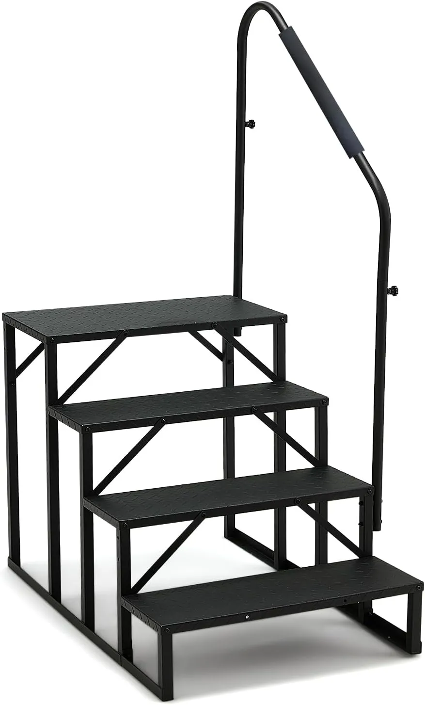 YOLENY 4-Step RV Steps with Handrail, 660 LBS Metal RV Stairs with Armrest Cover, Anti-Slip Hot Tub Steps, Mobile Home Steps for Travel Trailers, Camper, Hot Tub, Pool and Porch