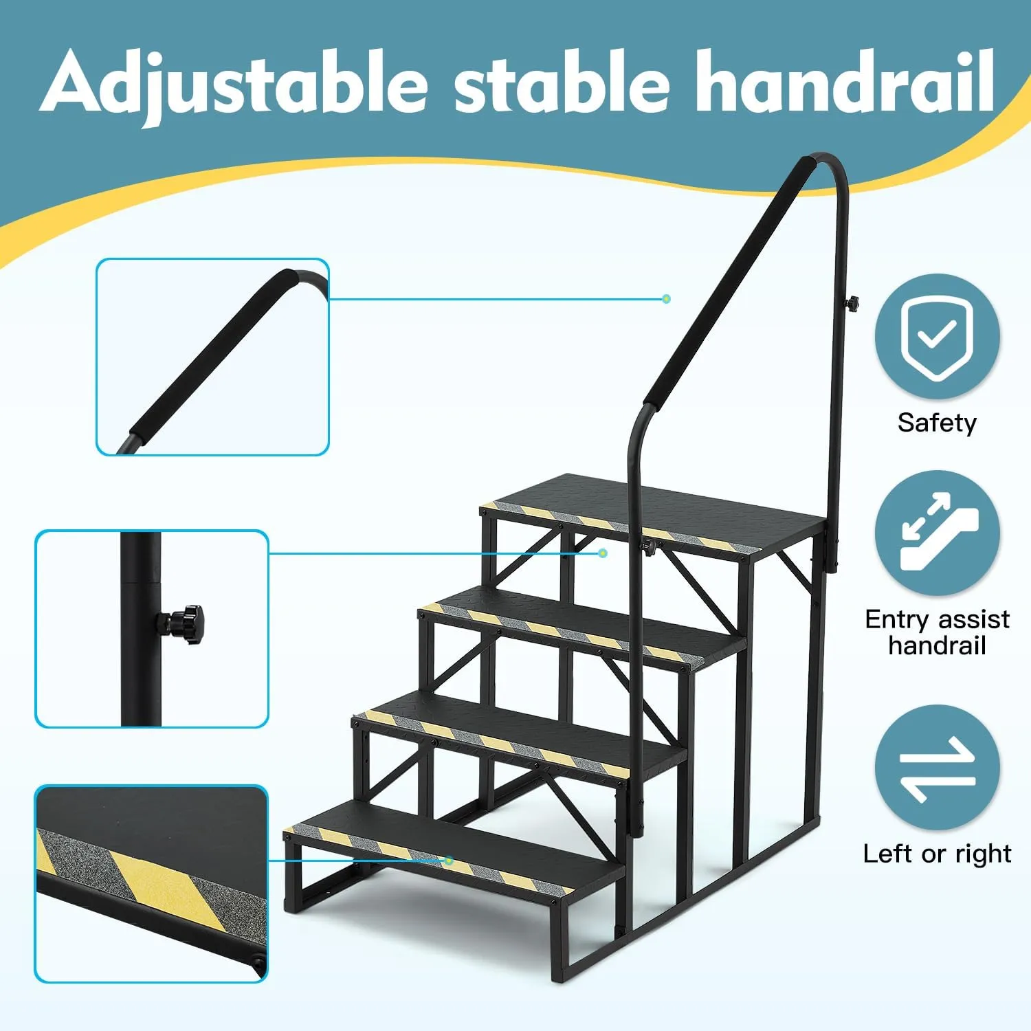 YOLENY 4-Step RV Steps with Handrail, 660 LBS Metal RV Stairs with Armrest Cover, Anti-Slip Hot Tub Steps, Mobile Home Steps for Travel Trailers, Camper, Pool and Porch with Non-Skid Tapes