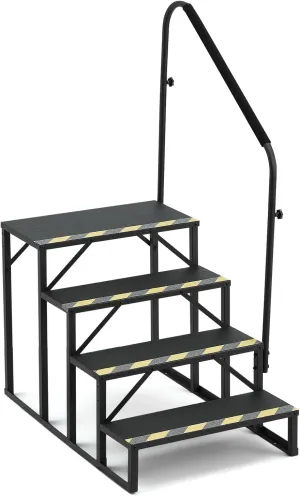 YOLENY 4-Step RV Steps with Handrail, 660 LBS Metal RV Stairs with Armrest Cover, Anti-Slip Hot Tub Steps, Mobile Home Steps for Travel Trailers, Camper, Pool and Porch with Non-Skid Tapes