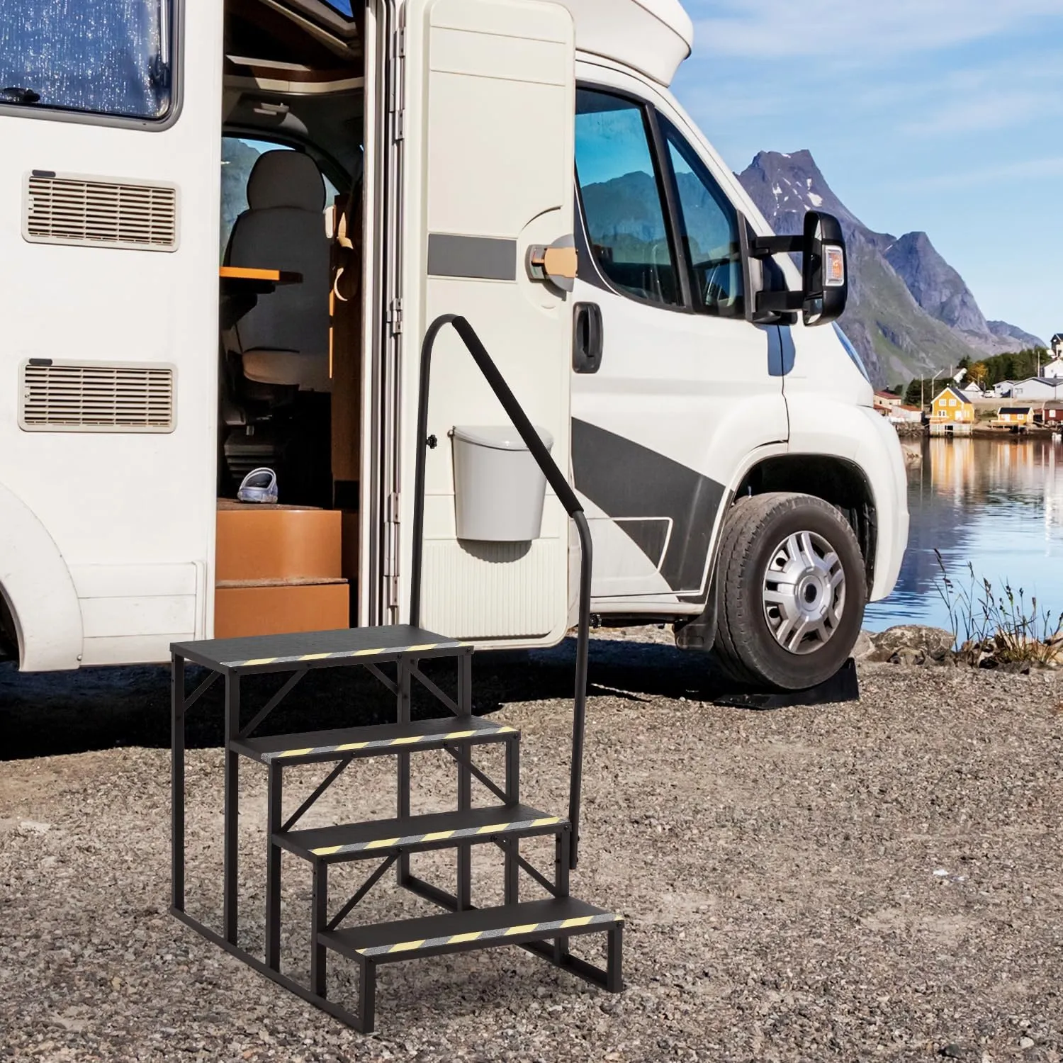 YOLENY 4-Step RV Steps with Handrail, 660 LBS Metal RV Stairs with Armrest Cover, Anti-Slip Hot Tub Steps, Mobile Home Steps for Travel Trailers, Camper, Pool and Porch with Non-Skid Tapes