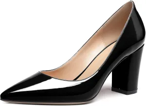 Zamikoo Women's Chunky Heel Pumps Pointy Toe Slip On Classic High Heel Shoes 3.35 Inches