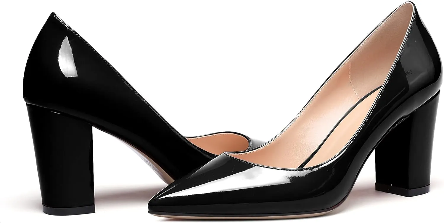 Zamikoo Women's Chunky Heel Pumps Pointy Toe Slip On Classic High Heel Shoes 3.35 Inches