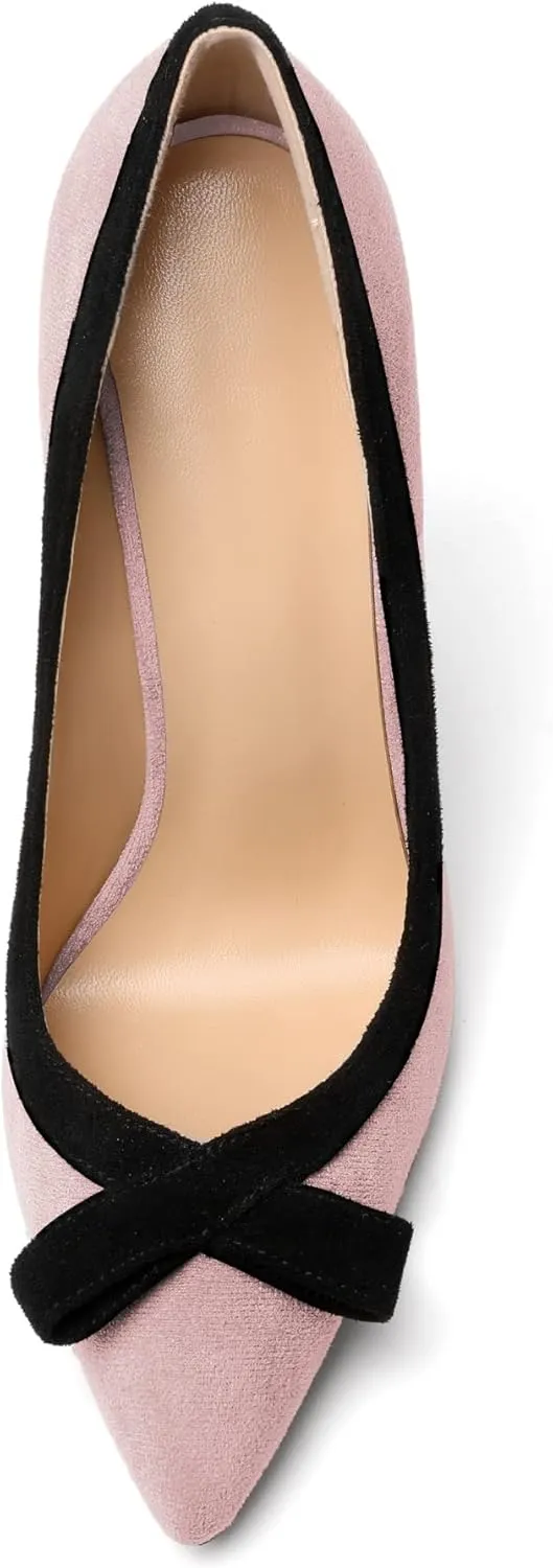 Zamikoo Women's Pointed Toe Slip On High Heel Pumps, Stiletto Heels with Bow, Classic Pumps Shoes for Casual Dress Office Wedding 4.7 Inch Suede Heels